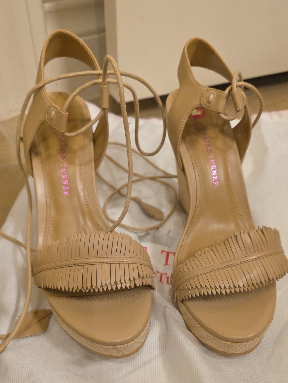 Elaine Turner Beige Fringe Lace-Up Heels